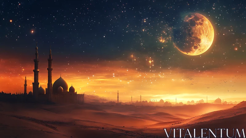 Desert minarets dream beneath a molten crescent skyscape.