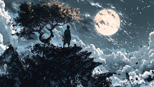 Solitary warrior silhouetted on cliff beneath storm moon.