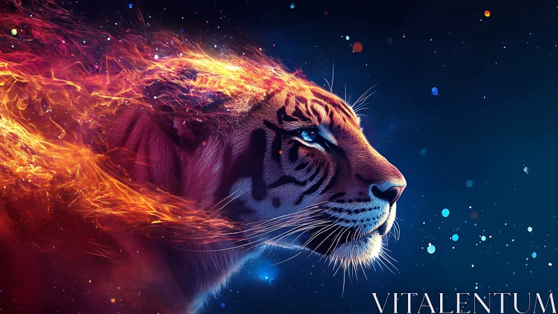 Flaming spectral tiger head rendered in high contrast neon gradients