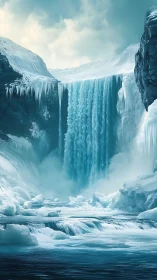 Glacial waterfall cascades through icebound canyon in teal hues