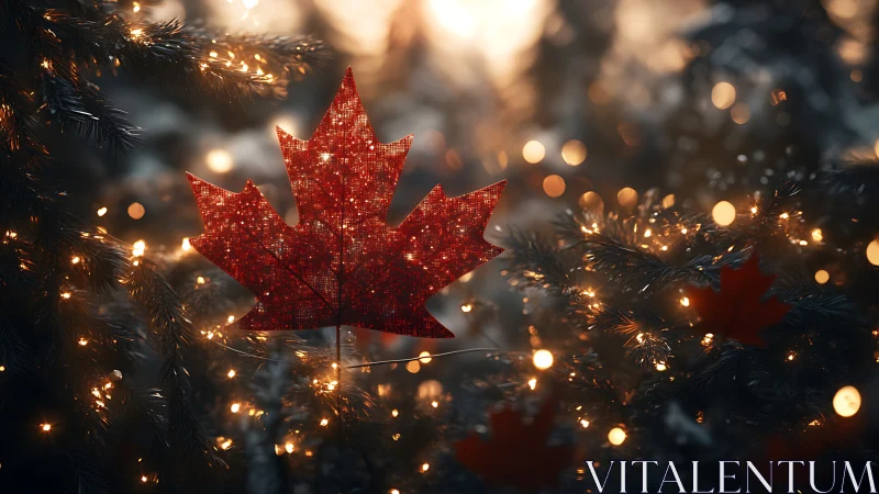 Sparkling maple star drifting through winter fairy lights.