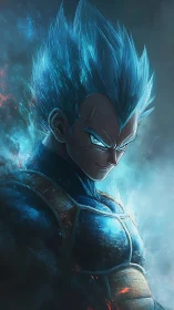 Blue-haired anime warrior in glowing battle armor portrait.