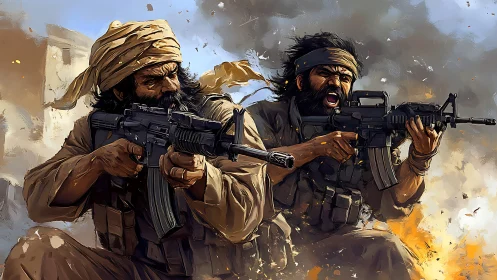 Armed fighters exchange rifle fire amid urban explosion