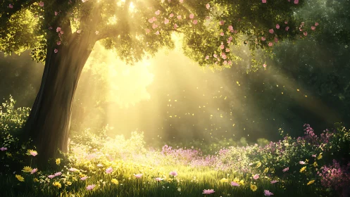 Sunlit forest glade glowing with gentle wildflower magic.