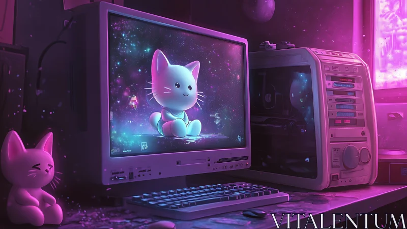 Cozy retro PC world where neon kittens guard the night.