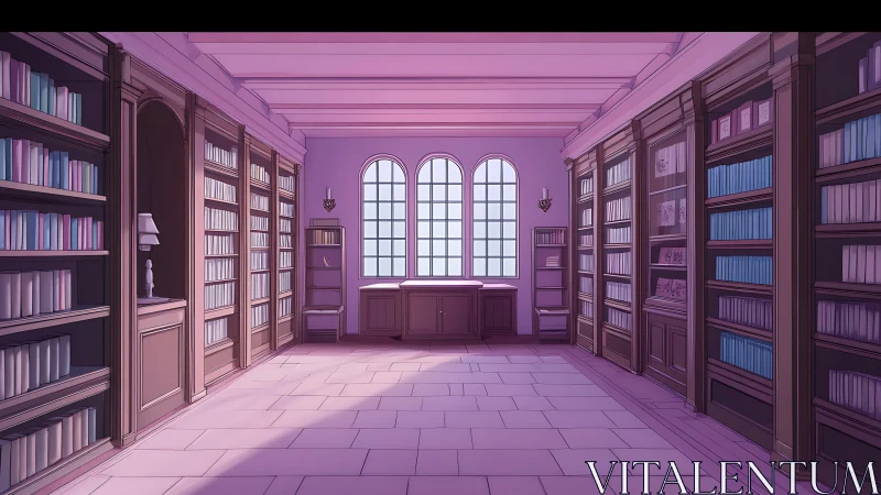 Sunlit anime library interior in soft lilac perspective.