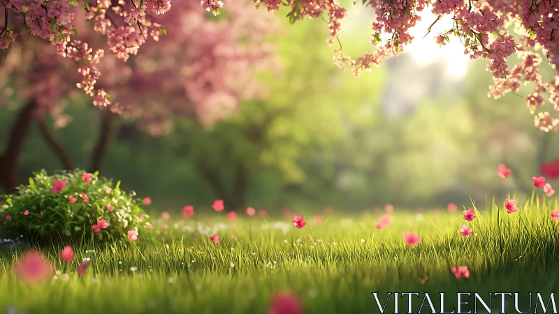 Spring meadow stretches under blooming cherry canopy glow