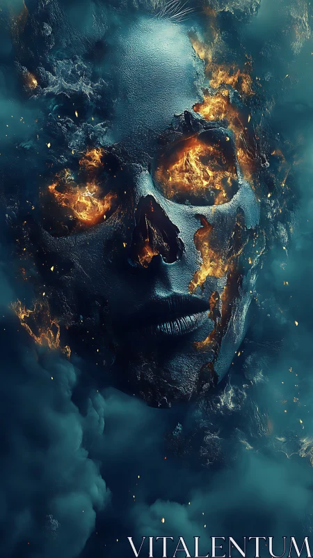 Fiery skull-shaped visage emerges from stormlit smoke