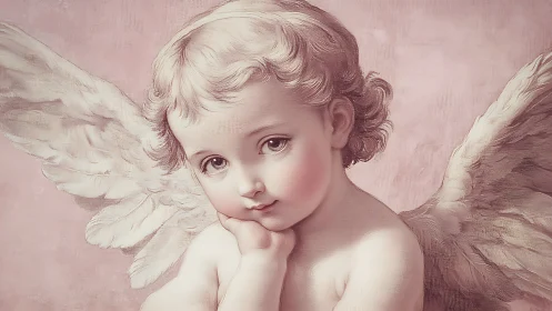 Soft-winged cherub pauses in rosy clouds of quiet wonder