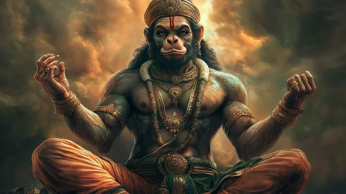 Divine warrior monkey deity in meditative golden aura.