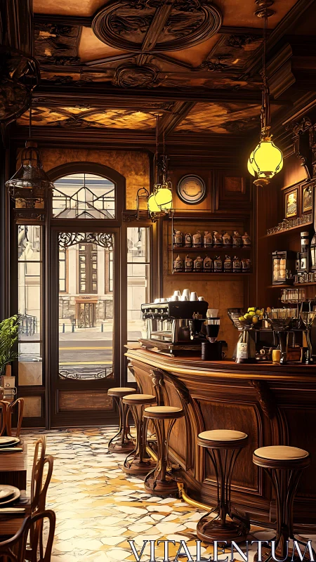 Warm vintage caf&eacute; interior with wooden bar and stools.