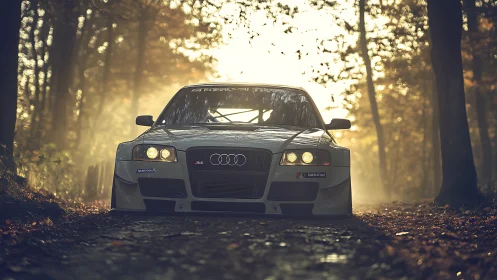 Track-tuned Audi RS roaring through misty autumn forest.