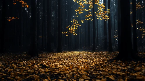Autumn Forest Path with Golden Fallen Leaves