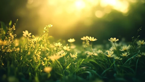 Backlit meadow daisies under shallow-depth optical glow.