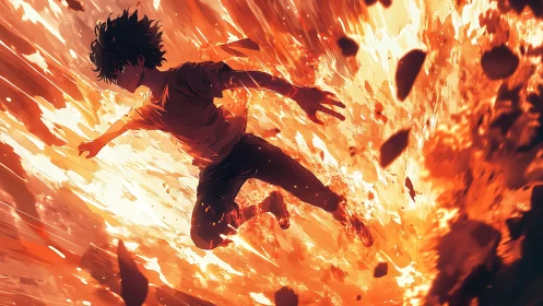 Silhouetted youth leaping through explosive fiery vortex.