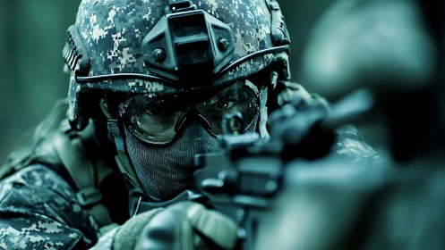 Camouflaged soldier aiming rifle with tactical headgear equipment.