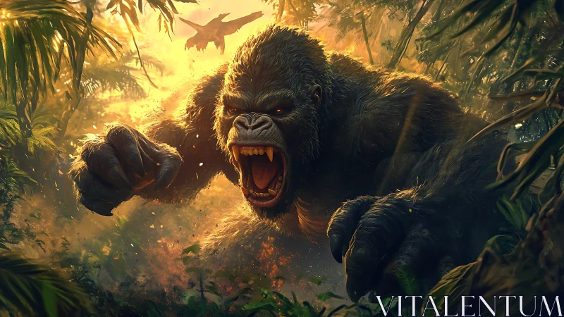 Jungle titan roars molten sunlight through shattered leaves