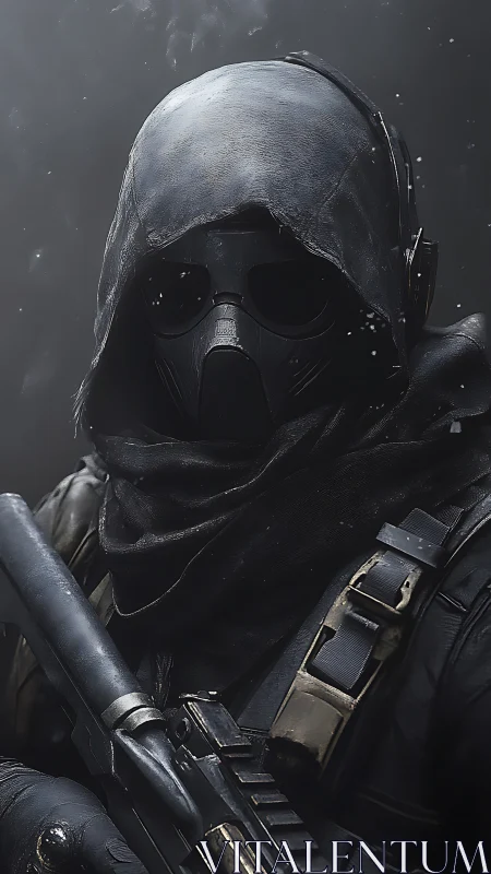 Hooded masked sentinel waits in the misty, snow lit dark.