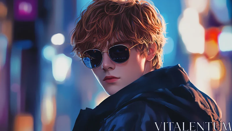 Stylized young man in sunglasses under neon city lights.