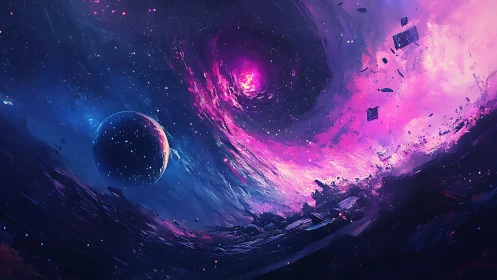 Cosmic vortex pulling debris around distant glowing planet.