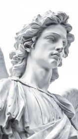 High-key neoclassical angel statue captured from low vantage