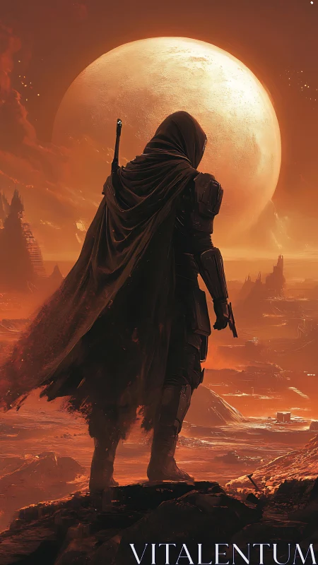 Cloaked armed figure on red alien terrain under large moon.