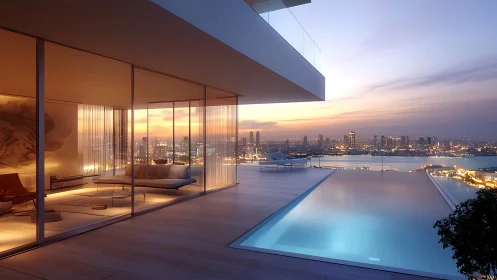 Luxury rooftop infinity pool overlooks glowing waterfront city