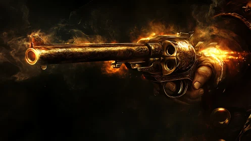 Digital painting of ornate flaming revolver in dynamic profile.