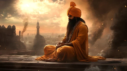 Meditative Sikh warrior sits calm amid smoldering city ruins.