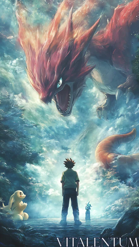 Trainer confronts massive red dragon-like creature in misty forest