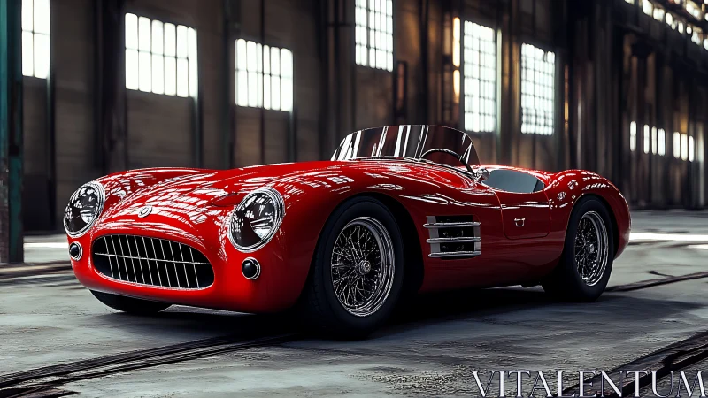 Vintage red roadster waits under industrial window light