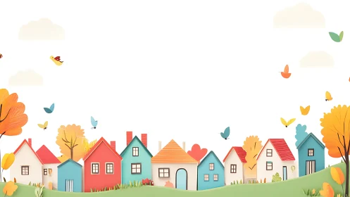 Whimsical autumn village where candy-colored houses glow.