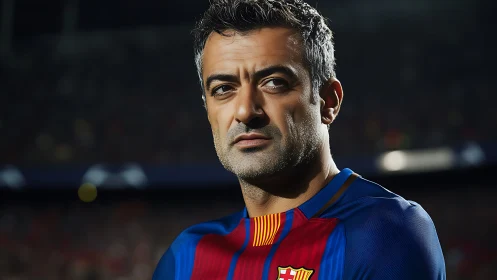 Stadium-lit veteran striker studying the roaring night crowd.