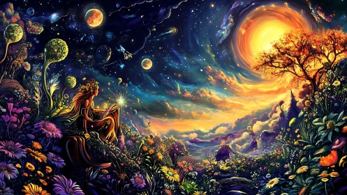 Celestial meadowscape with luminous goddess reading under nebulae