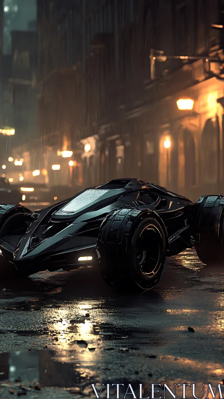 Midnight stealth racer idles in rain slick neon city streets.