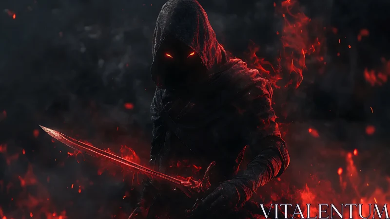 Hooded shadow warrior with flaming crimson blade emerging.