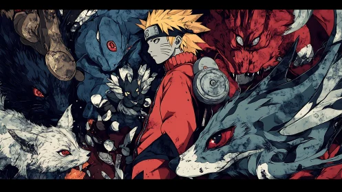 Anime ninja figure surrounded by stylized tailed beasts forms.