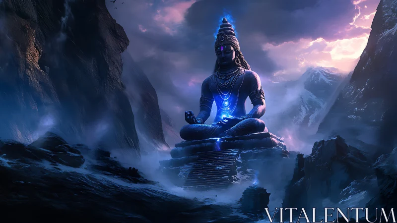 Glowing Himalayan deity rendered in atmospheric digital chiaroscuro.