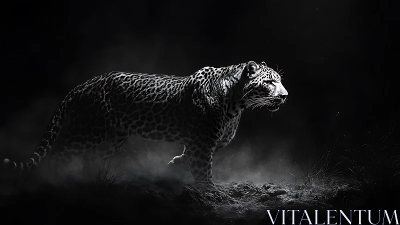 Moonlit predator strides through charcoal stormlight night.