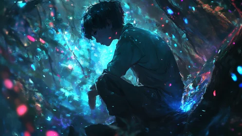 Boy sits in glowing blue forest filled with scattered lights