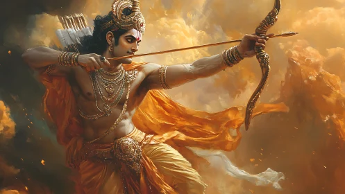 Warrior archer drawing ornate bow amid swirling golden clouds