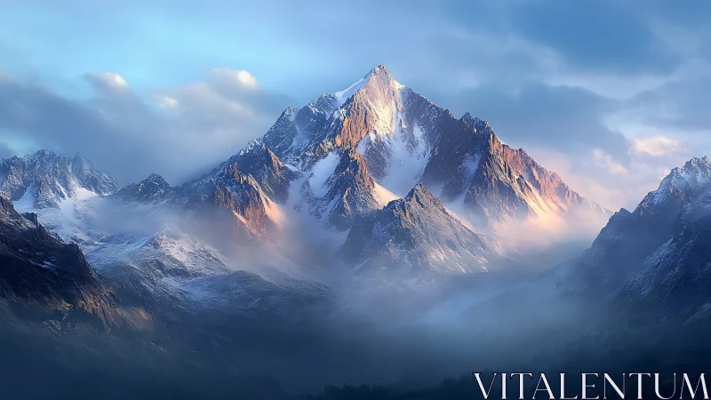 Skyborne citadel of dawnlit peaks wrapped in drifting mist.