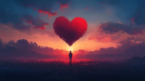 Solitary Figure Beneath Giant Red Heart at Sunset.