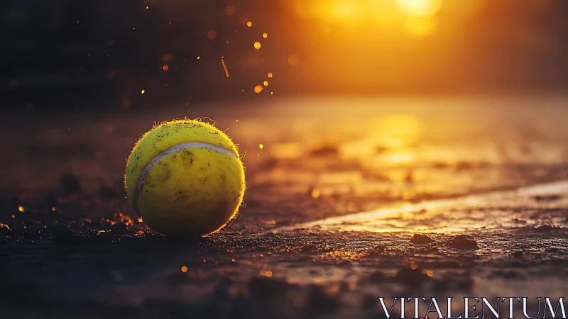 Tennis ball rests on gritty court under molten sunset glow