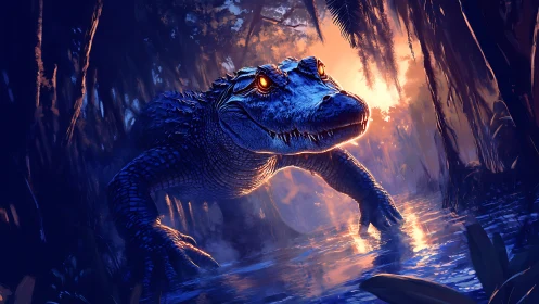 Bioluminescent alligator stalking reflective swamp at sunset