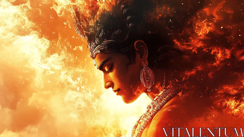 Serene fire deity in glowing ember-bright stillness.