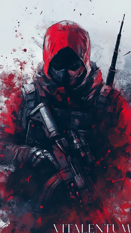 Hooded tactical figure holds rifle amid red abstract splashes