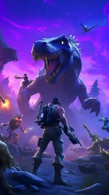 Armored soldier confronts bioluminescent T-rex in neon dusk forest