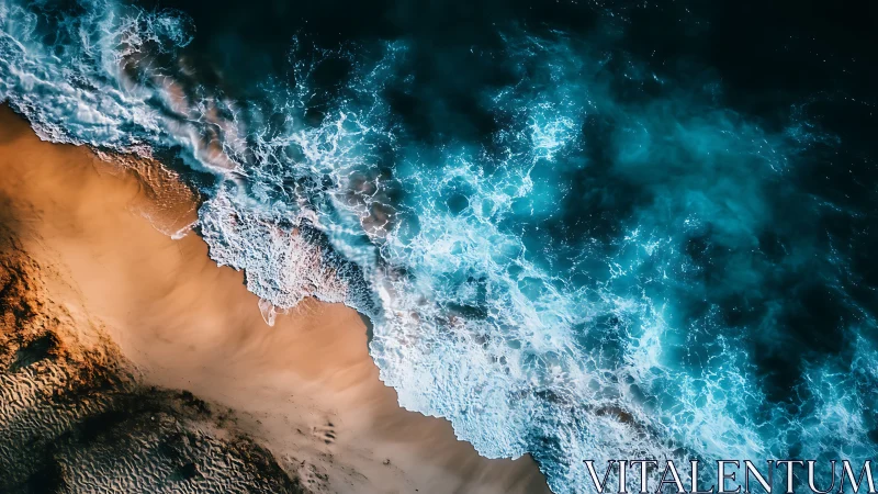 Aerial ocean surf slams bright sandy shoreline in motion