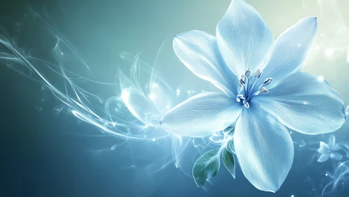 White flower with ethereal light effects on blue gradient background.